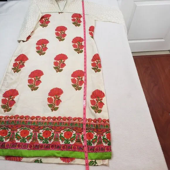 Womens Cream Kurta Top Large Lace Floral Embroidered Bohemian Straight Tunic - Picture 5 of 16